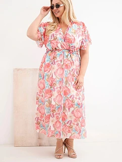 Dámské šaty Plus Size květinové s vázáním růžová