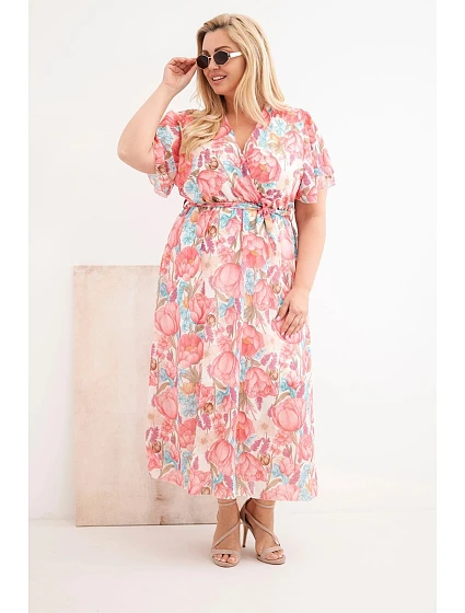 Dámské šaty Plus Size květinové s vázáním růžová