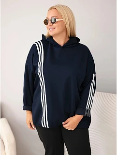 Dámská mikina Plus Size z viskózy s kapucí a ozdobnými pásky modrá
