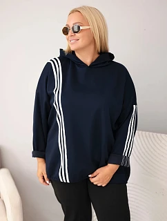 Dámská mikina Plus Size z viskózy s kapucí a ozdobnými pásky modrá
