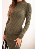 Dámská viskózová pruhovaná šaty s dlouhým rukávem a stojáčkem khaki