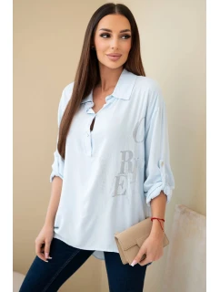 Dámská viskózová blůza s límečkem a potiskem s krystaly modrá