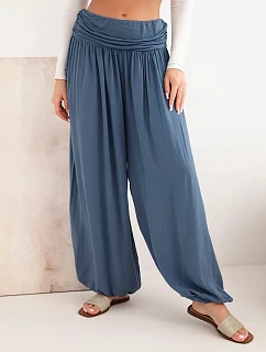 Dámské viskózové kalhoty s širokou nohavicí a nařasením džínové