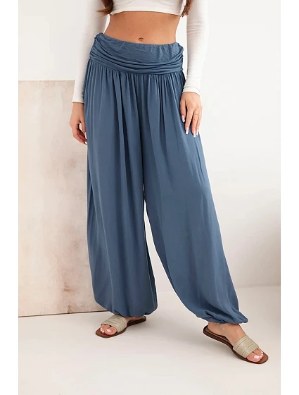 Dámské viskózové kalhoty s širokou nohavicí a nařasením džínové