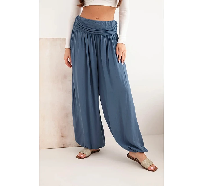 Dámské viskózové kalhoty s širokou nohavicí a nařasením džínové