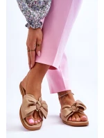 Dámské kožené pantofle s mašlí Béžové model 21616475 - EVENTO