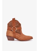Zamszowe Botki Kowbojki Ażurowe Na Obcasie Zazoo 2994 Camel