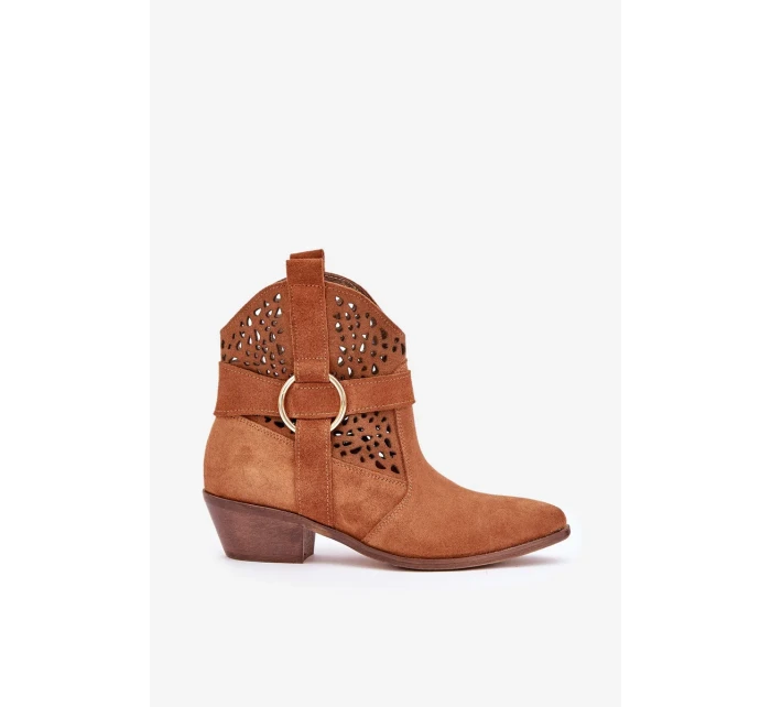 Zamszowe Botki Kowbojki Ażurowe Na Obcasie Zazoo 2994 Camel