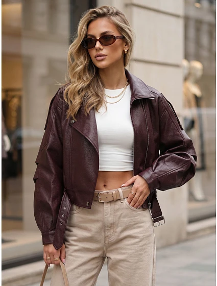 Krátká kožená bunda ve stylu Ramones v bordové barvě FashionStreet TY5846 Krátká kožená bunda ve stylu Ramones v bordové barvě FashionStreet TY5846