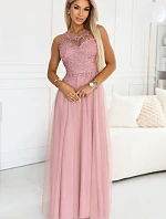 672-2 Romantické svatební maxi šaty s vyšívanou krajkou a tylem - pudrově růžové