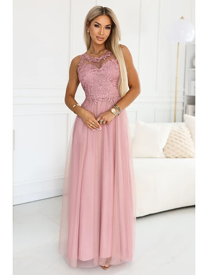 maxi šaty s krajkou a  pudrově růžové model 22122101 - numoco basic