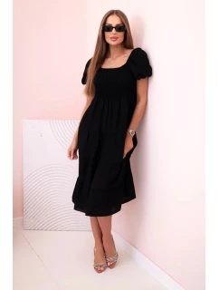 Dámské viskózové šaty s nabíranými rukávy a volánkovým topem černý