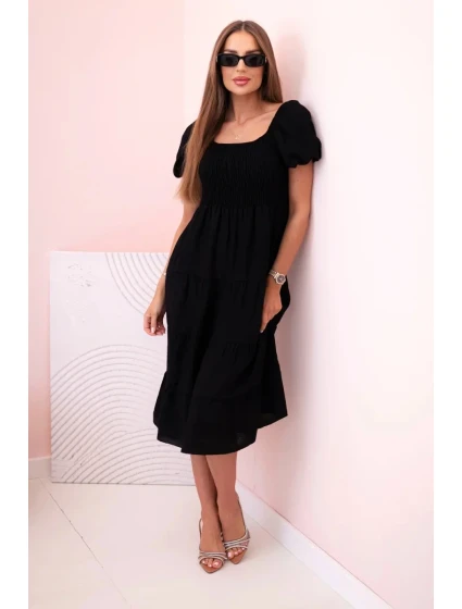 Dámské viskózové šaty s nabíranými rukávy a volánkovým topem černý