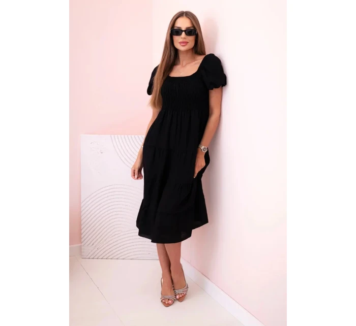 Dámské viskózové šaty s nabíranými rukávy a volánkovým topem černý