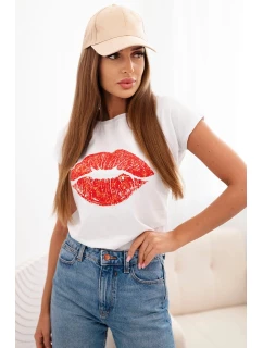 Dámská bavlněná blůza s krátkým rukávem a potiskem rtů bílá