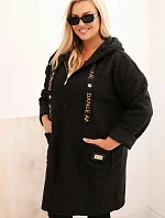 Dámský kabát Plus Size z umělého beránka s kapucí a kapsami černý