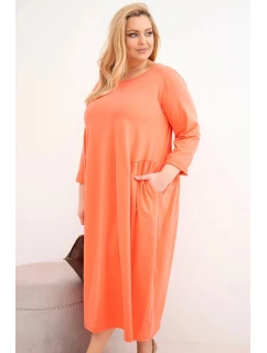 Dámská sukýnka Plus Size bavlněná s dlouhým rukávem a nařasením v pase meruňková