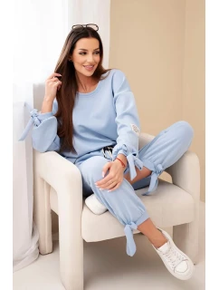 Komplet dámský máslový z viskózy s vázáním modrý