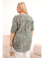 Dámská bavlněná halenka Plus Size s krátkým rukávem a ozdobným knoflíkem khaki