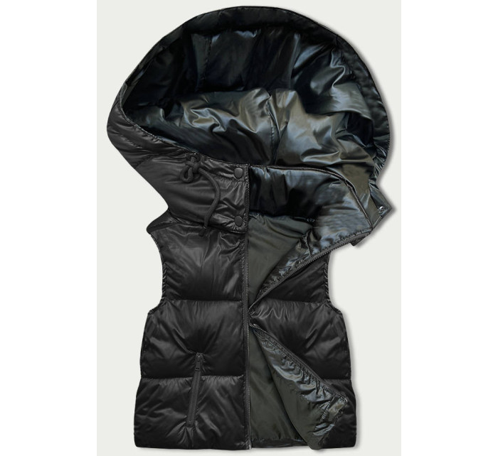 Krátká černá dámská vesta s kapucí (B8156-1)