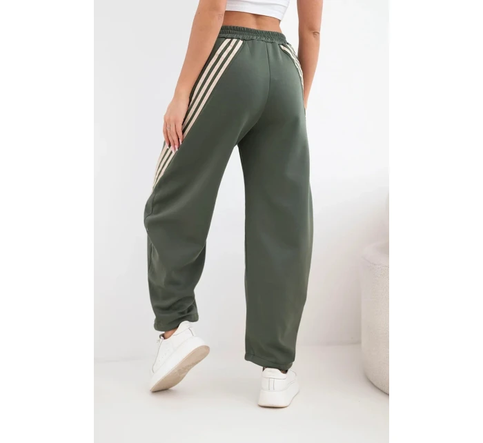 Dámské máslové kalhoty z viskózy s lampasem khaki