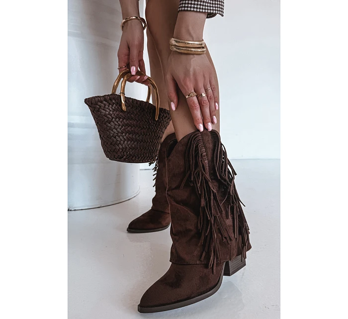 Dámské kožené boty s třásněmi na podpatku čokoládové Gralina