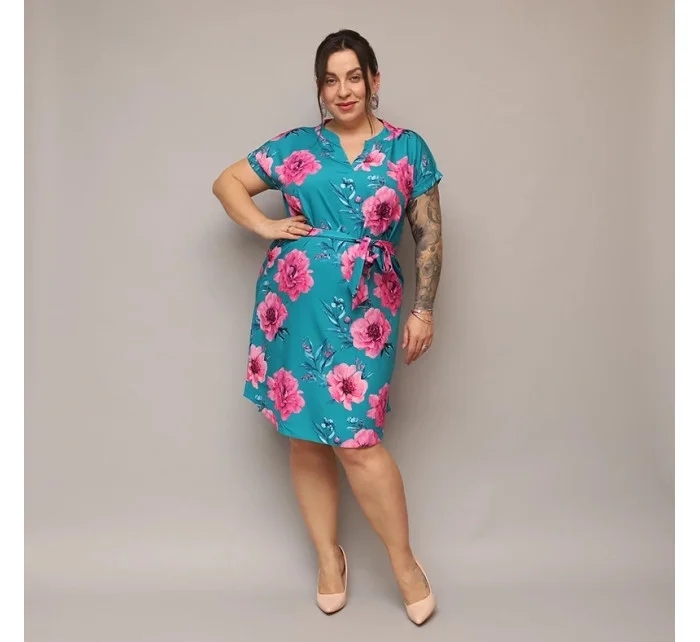 Dámské květované šaty v mořské barvě s páskem (744)
