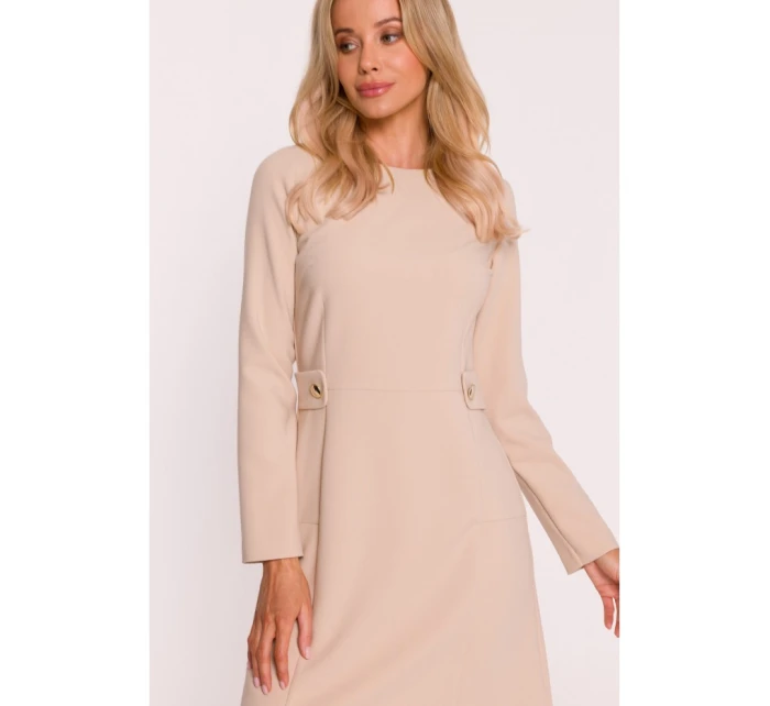 S419 Šaty s ozdobnými knoflíky v pase - béžové