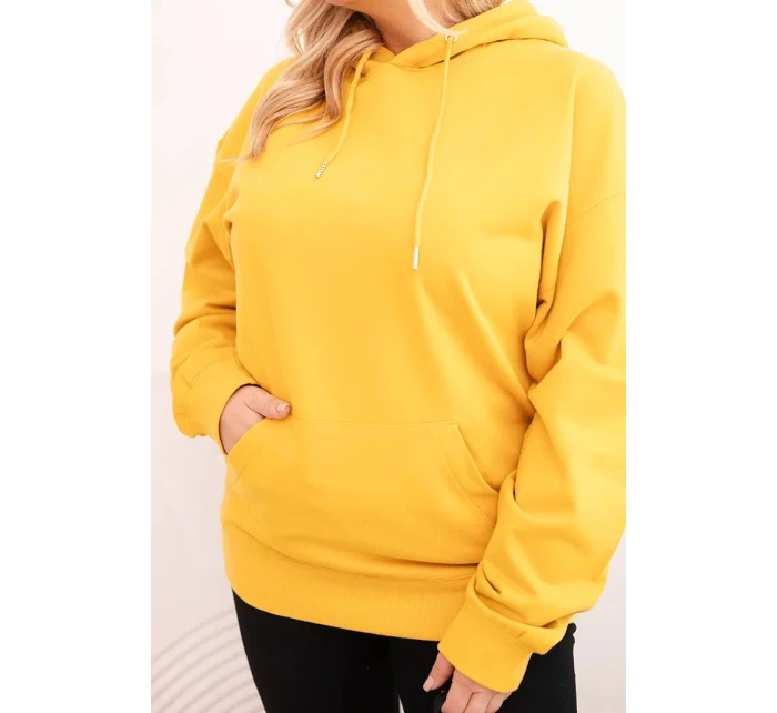 Dámská mikina s kapucí a klokaní kapsou Plus Size z bavlny hořčicová