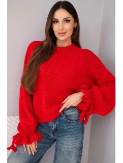 Dámský svetr s přídavkem mohéru s model 21857679 pletením a ozdobnými rukávy červený - K-Fashion