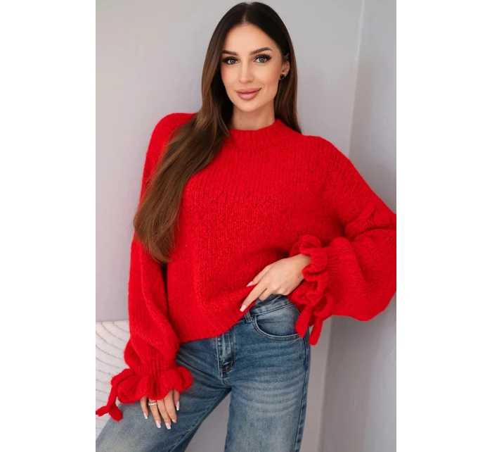 Dámský svetr s přídavkem mohéru s model 21857679 pletením a ozdobnými rukávy červený - K-Fashion