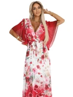 Vzdušné maxi šaty s obálkovým výstřihem a květinovým vzorem RED model 21151839 - numoco basic Vzdušné maxi šaty s obálkovým výstřihem a květinovým vzorem RED model 21151839 - numoco basic