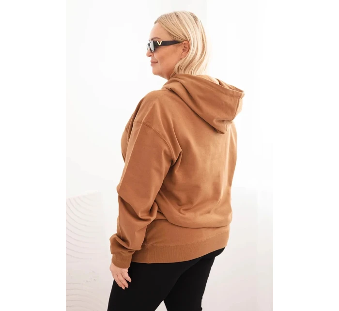 Dámská mikina s kapucí a model 21723115 Plus Size z bavlny camelová - K-Fashion