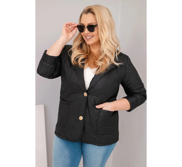 Dámská bunda Plus Size prošívaná s květinami s límcem a kapsami černá
