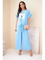 Dámský viskózový komplet s halenkou s potiskem a kalhotami modrý