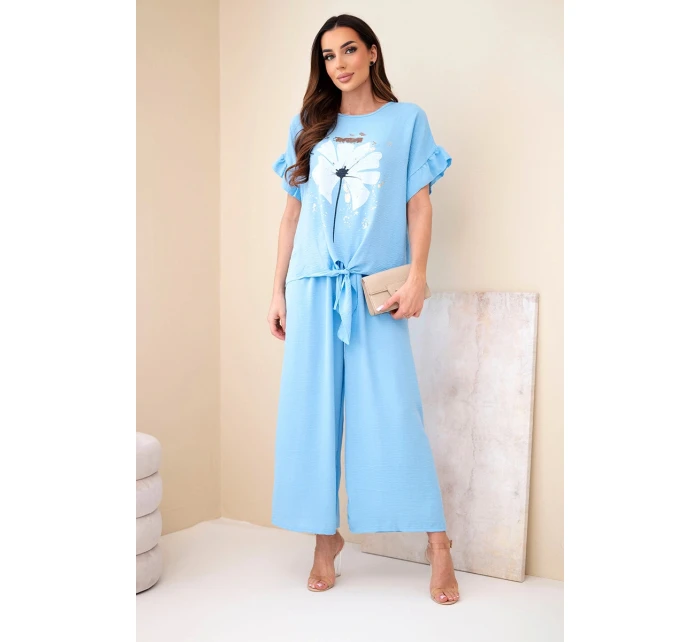Dámský viskózový komplet s halenkou s potiskem a kalhotami modrý