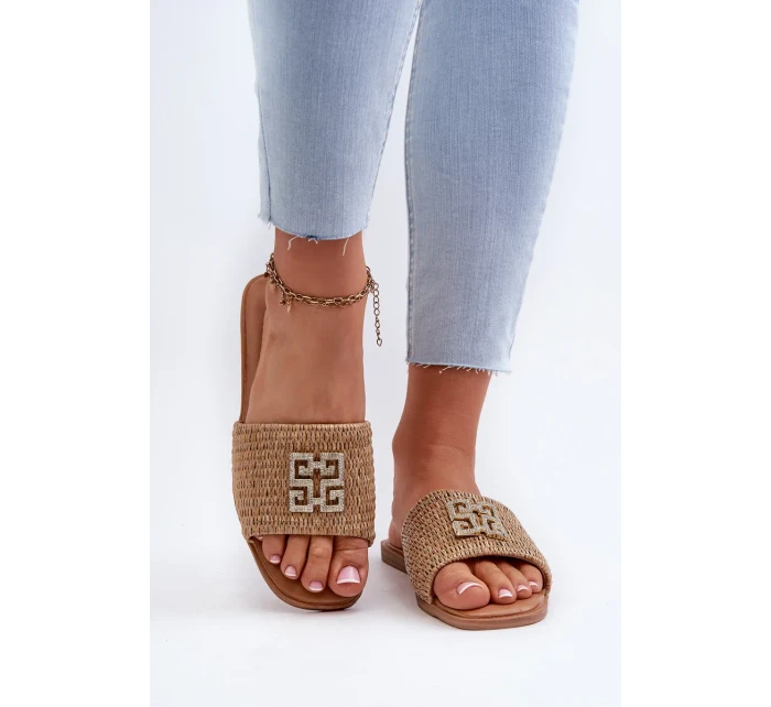 Dámské ploché pantofle s prýmkem a zdobením, Béžová Omenna Dámské ploché pantofle s prýmkem a zdobením, Béžová Omenna