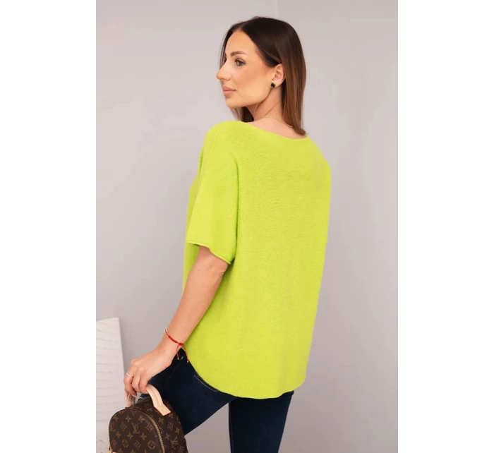 Dámská svetr s krátkým rukávem a výstřihem do V pistáciová