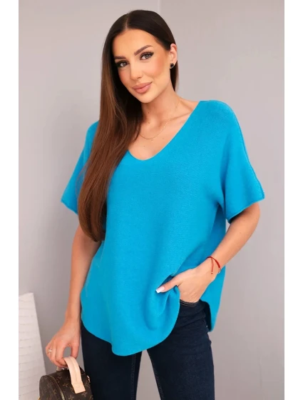 Dámská svetr s krátkým rukávem a výstřihem do V tyrkysová