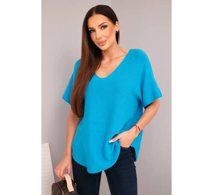 Dámská svetr s krátkým rukávem a výstřihem do V tyrkysová