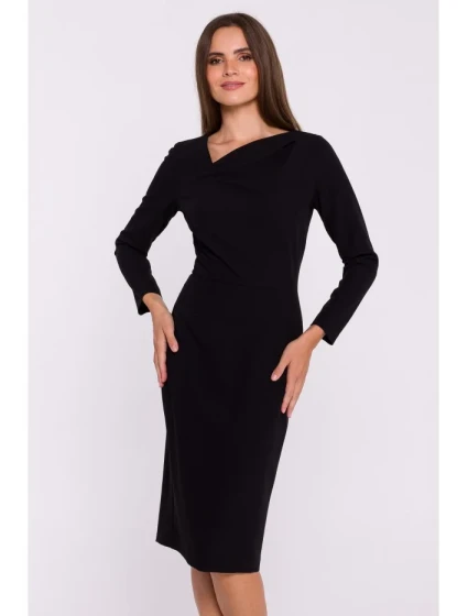 model 20503092 Tužkové šaty s asymetrickým výstřihem černé - STYLOVE