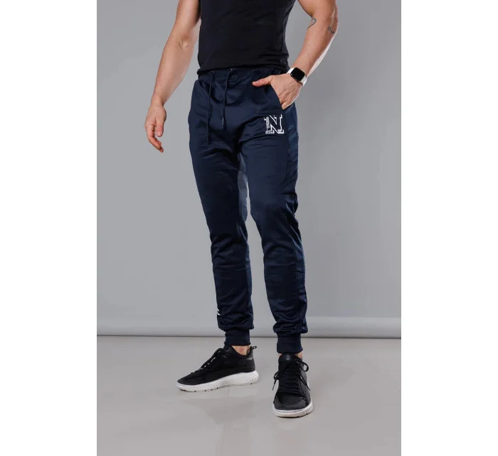 Tmavě modré pánské teplákové kalhoty s potiskem (8K178-25)