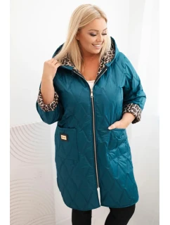 Dámská prošívaná bunda Plus Size s podšívkou v leopardím vzoru a kapucí mořská