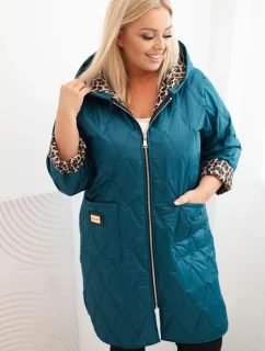 Dámská prošívaná bunda Plus Size s podšívkou v leopardím vzoru a kapucí mořská