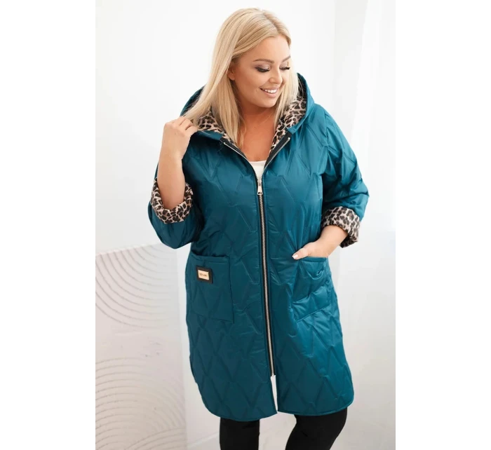 Dámská prošívaná bunda Plus Size s podšívkou v leopardím vzoru a kapucí mořská