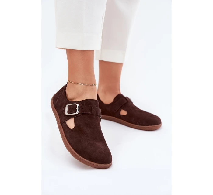 Semišové polobotky barefoot dámské s přezkou model 21703112 čokoládové - Zazoo