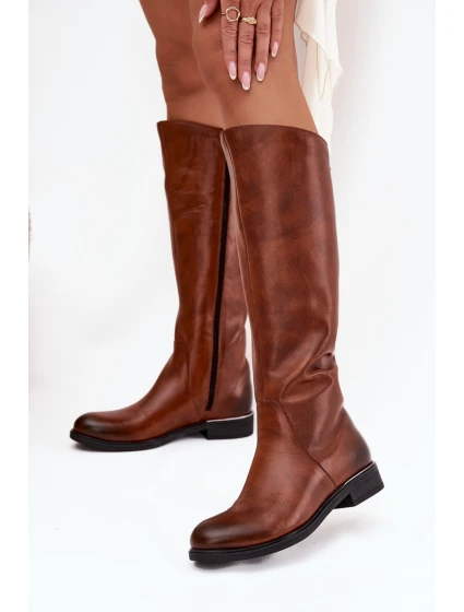 Kožené dámské kozačky na nízkém podpatku zateplené model 21710542 hnědé - Zazoo