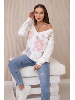 Svetrová halenka s barevnými květy růžová+šedá
