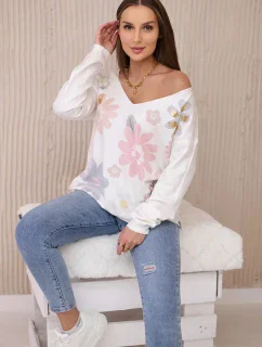 Svetrová halenka s barevnými květy růžová+šedá