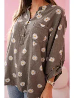 model 21911602 dámská halenka s květinovým vzorem, dlouhými rukávy a knoflíky khaki - K-Fashion